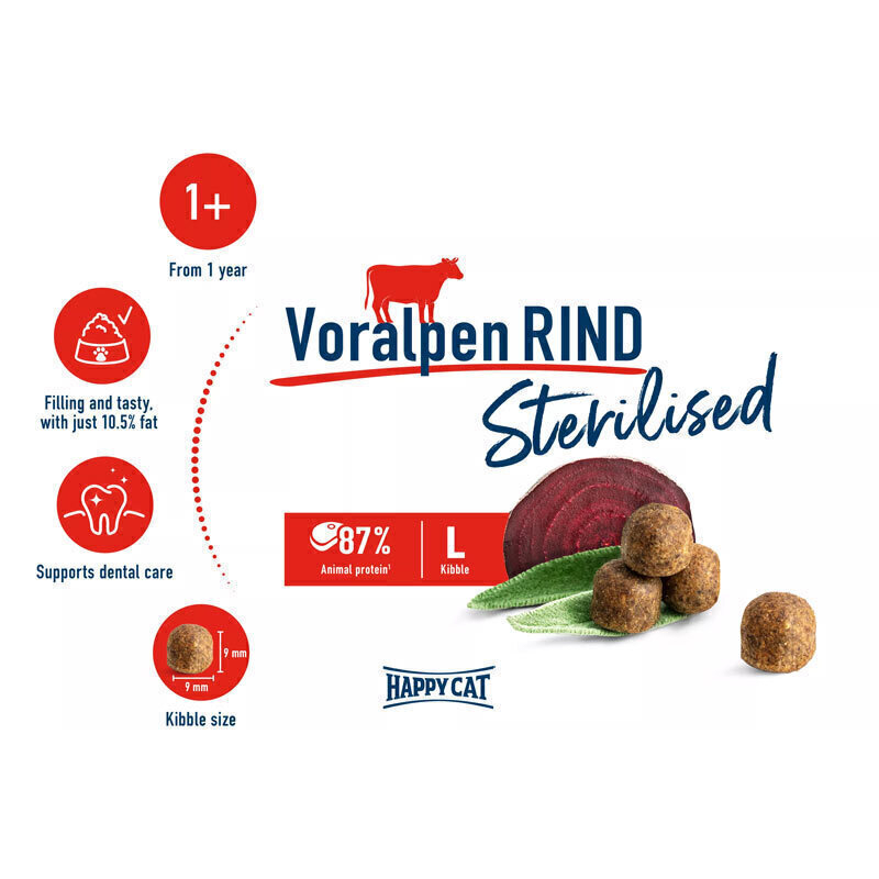  تصویر دانه غذای خشک گربه هپی کت با طعم گوشت بره HappyCat Sterilised Voralpen Rind وزن 4 کیلوگرم از نمای رو به رو 