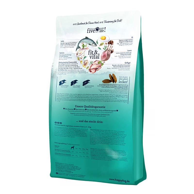  تصویر پشت بسته بندی غذای خشک سگ بالغ نژاد متوسط هپی داگ Happy Dog Supreme Fit & Vital Medium Adult وزن 4 کیلوگرم 