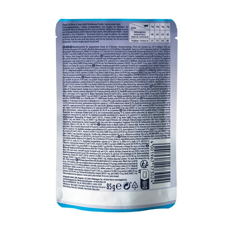  تصویر پشت بسته بندی پوچ گربه هپی کت با طعم ماهی قزل آلا Happy Cat Culinary Spring Water Trout وزن 85 گرم 