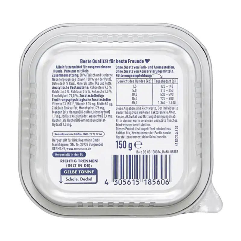 عکس بستهبندی پشت غذای کاسهای سگ وینستون با طعم برنج و بوقلمون Winston Sensitiv-Menü Rice With Turkey 150 گرم