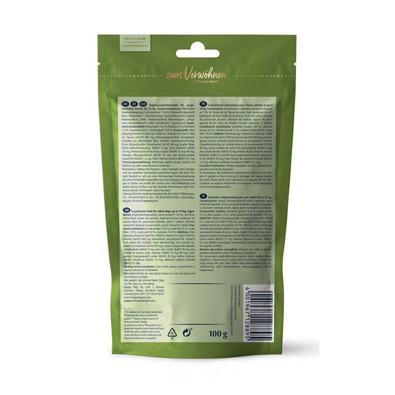  تصویر پشت بسته بندی تشویقی سگ هپی داگ Happy Dog Mini Soft Snack NewZealand Lamb وزن 100 گرم 