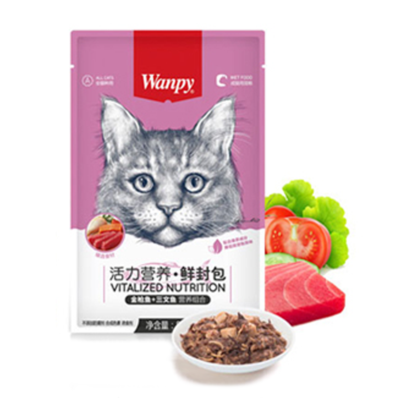  عکس بسته بندی و محصول پوچ گربه ونپی مدل Tuna,Salmon and Chicken وزن ۸۰ گرم 