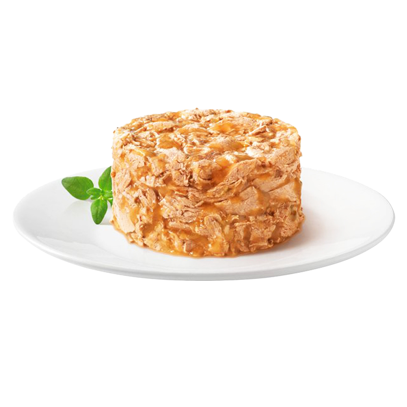  عکس محتویات کنسرو غذای گربه گورمت مدل Gold Chicken Savoury Cake وزن ۸۵ گرم 