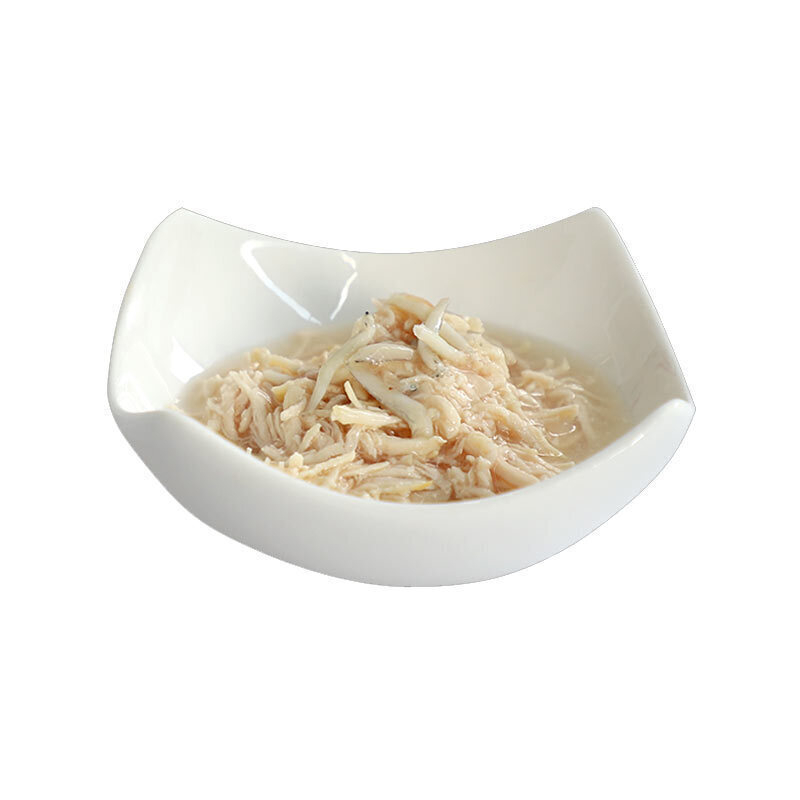  تصویر محتویات کنسرو غذای گربه کیت کت با طعم مرغ و بچه ماهی KitCat Chicken & Whitebait In Gravy وزن 70 گرم 