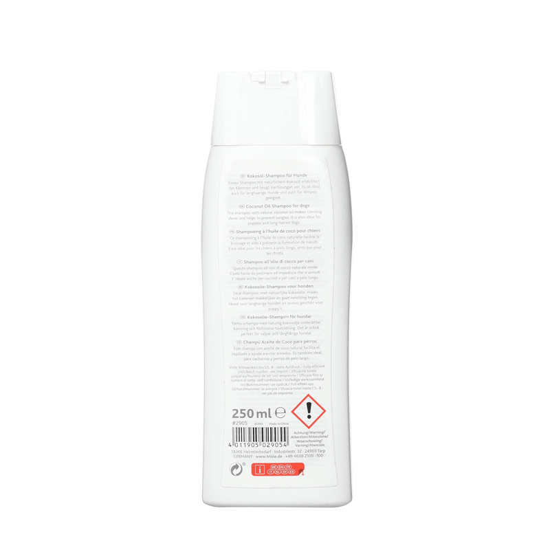  تصویر نمای پشت شامپو سگ تریکسی حاوی عسل Trixie Coconut Dog Shampoo حجم 250 میلی لیتر 
