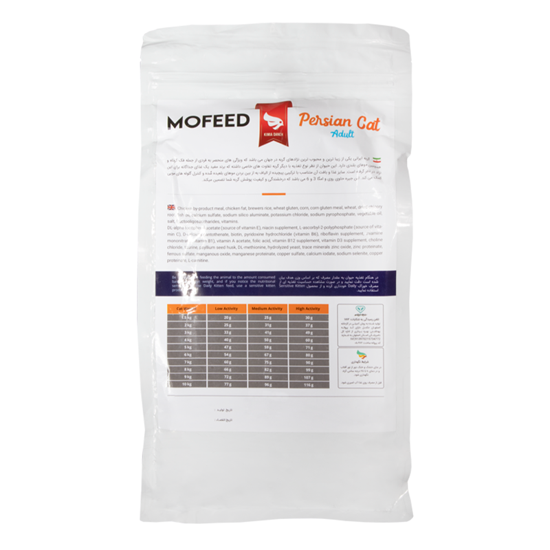  عکس پشت بسته‌بندی غذای خشک گربه بالغ مفید نژاد پرشین MoFeed Adult Persian Cat Food وزن 2 کیلوگرم 